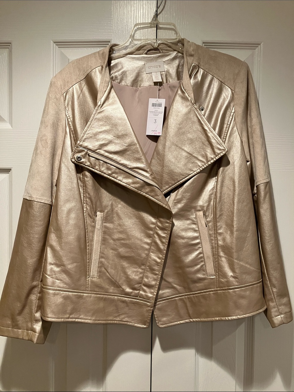 Chico's Metallic Taupe Motorcycle-Style Leather Jacket